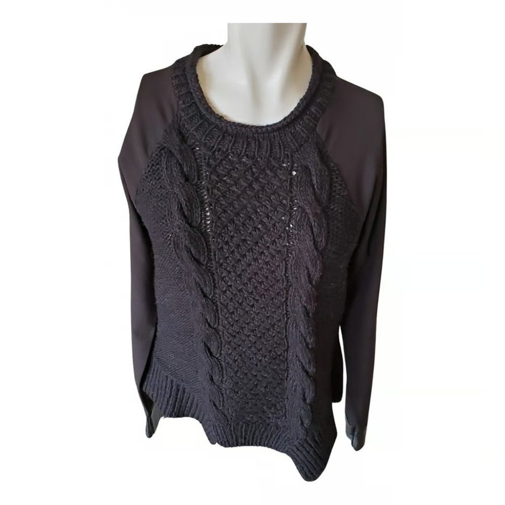 Yigal Azrouel Black Cable knit Wool/Leather/Crepe Sweater S/M $600